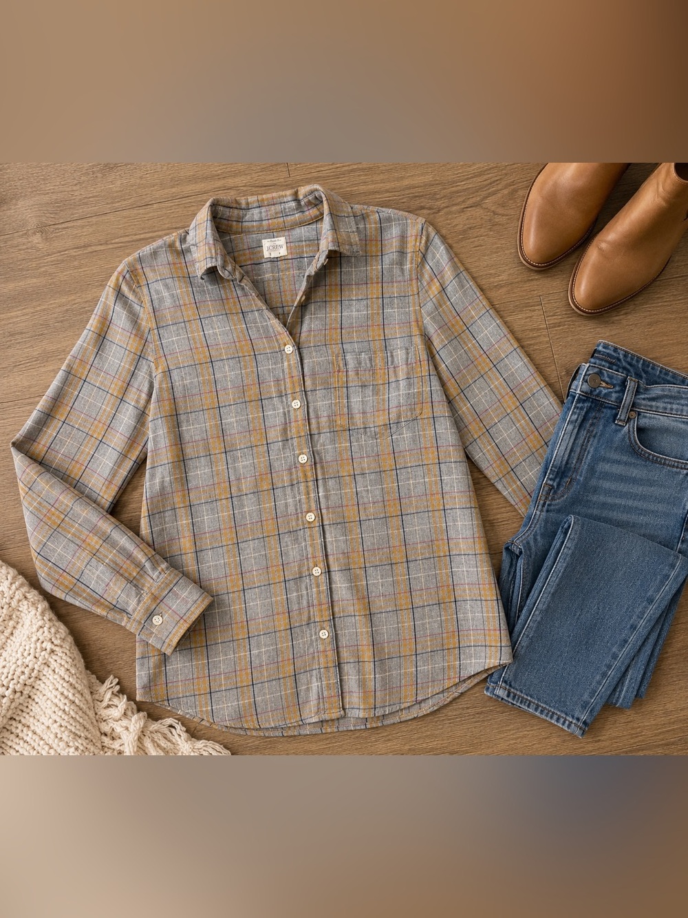J.Crew The Perfect Shirt Gray Mustard Plaid Button Front Flannel Cotton Size S